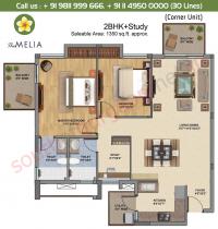 2 BHK + Study, Middle: 1350 Sq. Ft. 